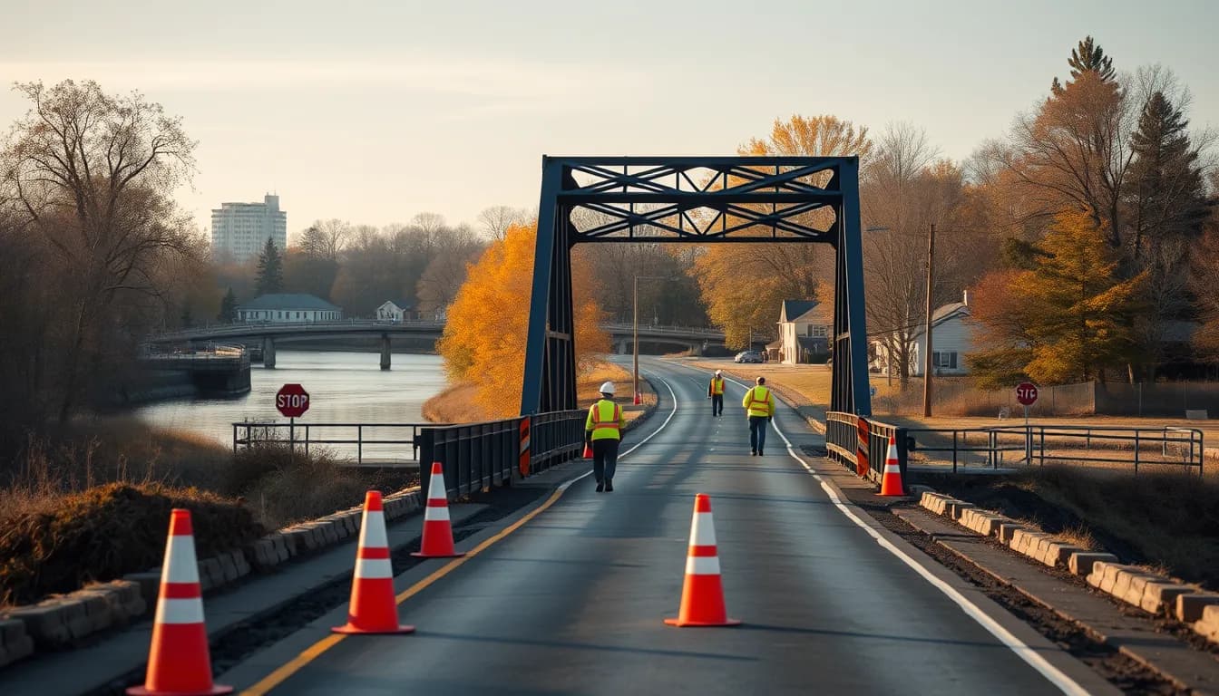 Orange cones and a road crew at the Elm Street bridge