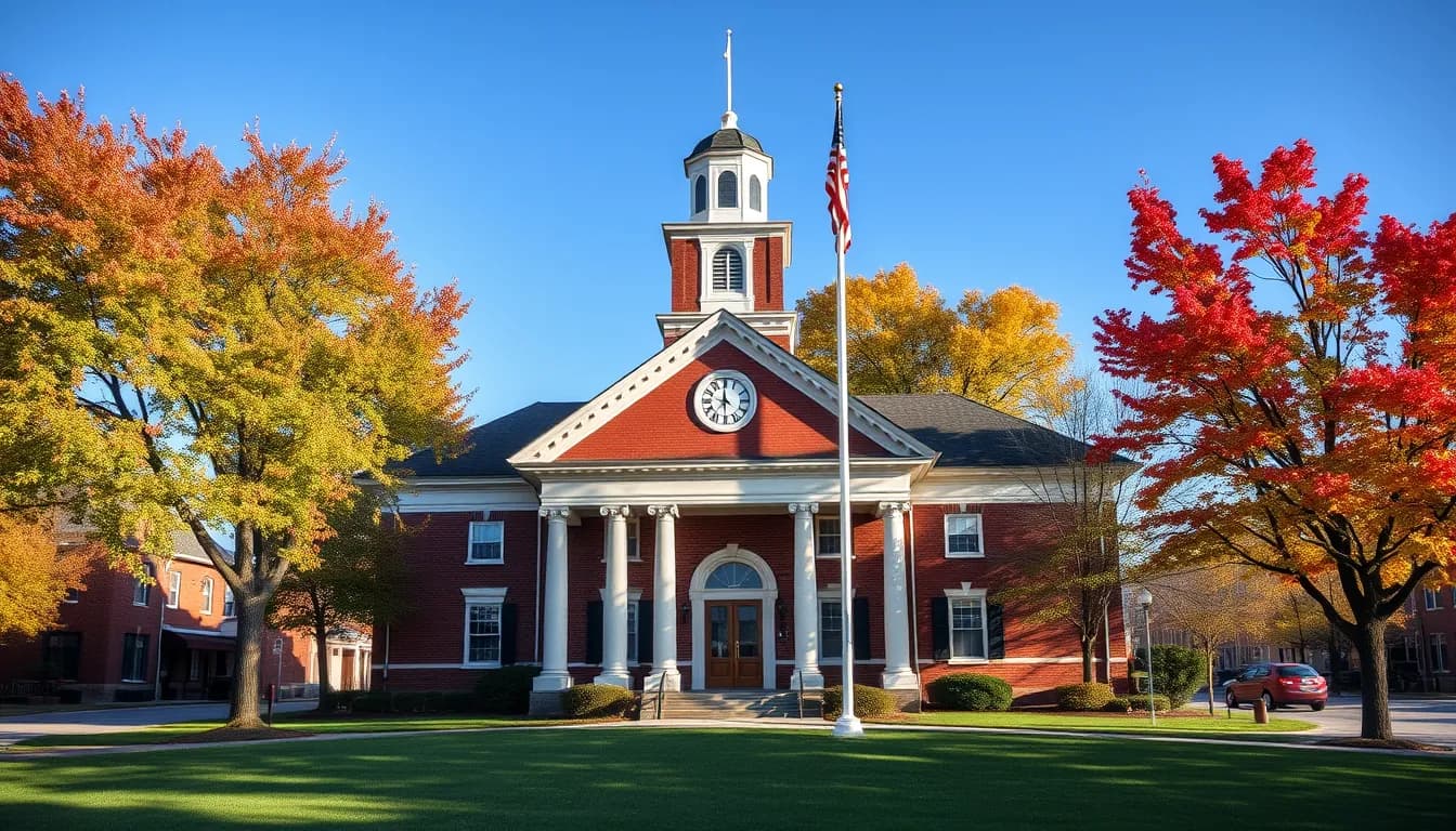 Red brick City Hall with a white clock cupola behind a lawn and flagpole