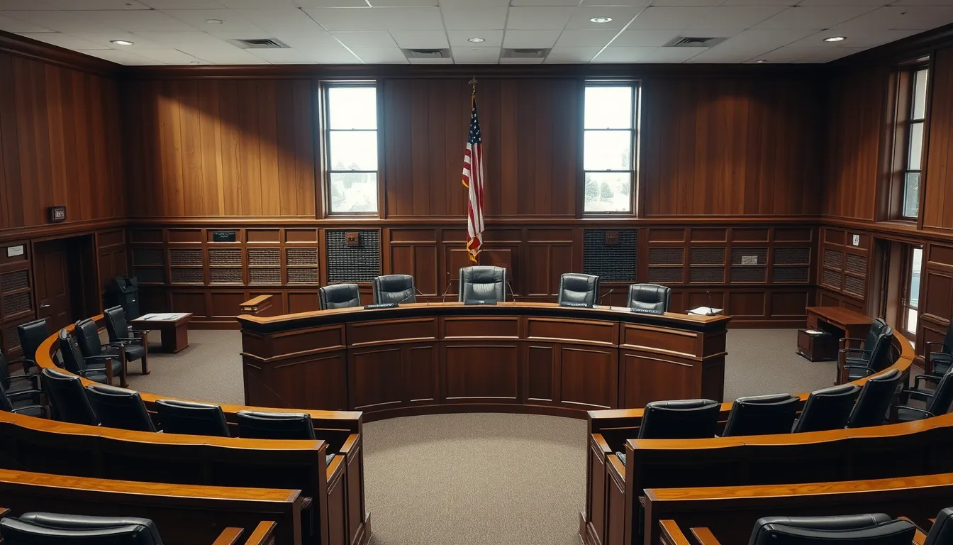 Council Chambers: a curved wooden dais with seven chairs, public seating and the flag