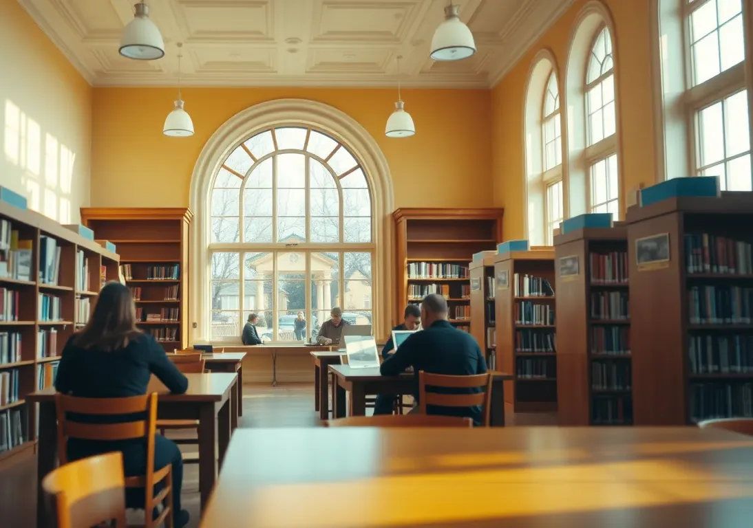 Readers at wooden tables in a bright library with arched windows
