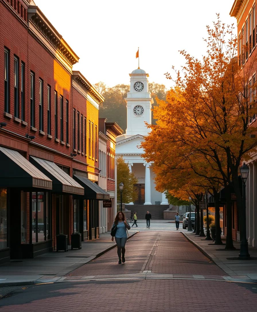 Commons Street at sunset, brick storefronts and autumn maples leading to the white clock tower of City Hall