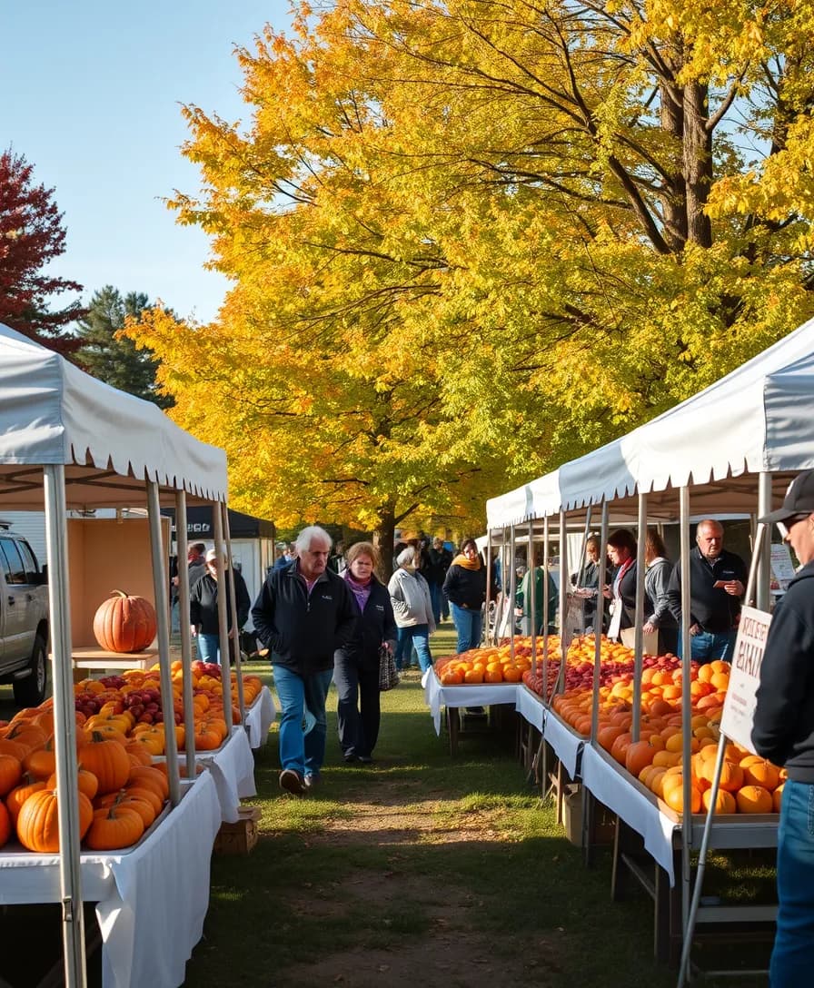 Residents browsing pumpkins and apples at the Harvest Market under yellow maples