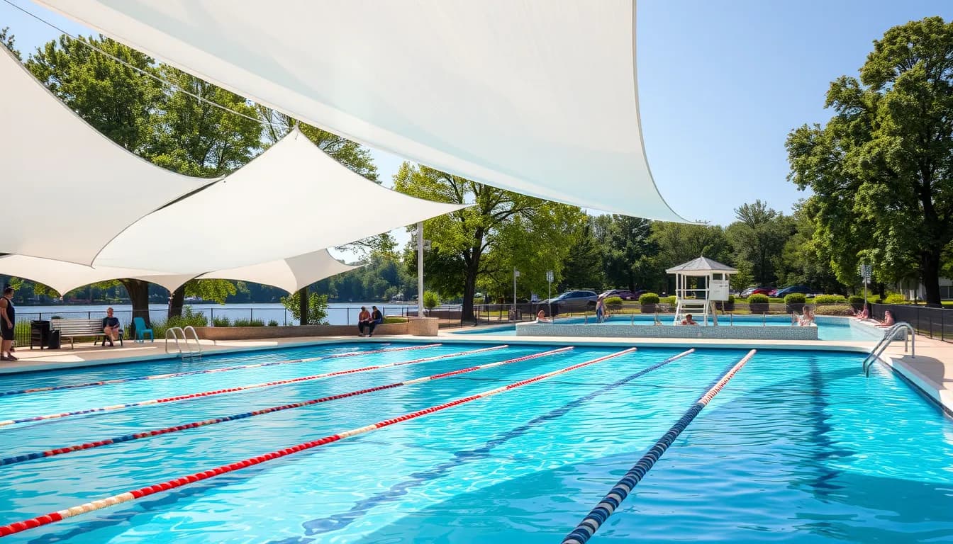 Outdoor pool under white shade sails beside the river